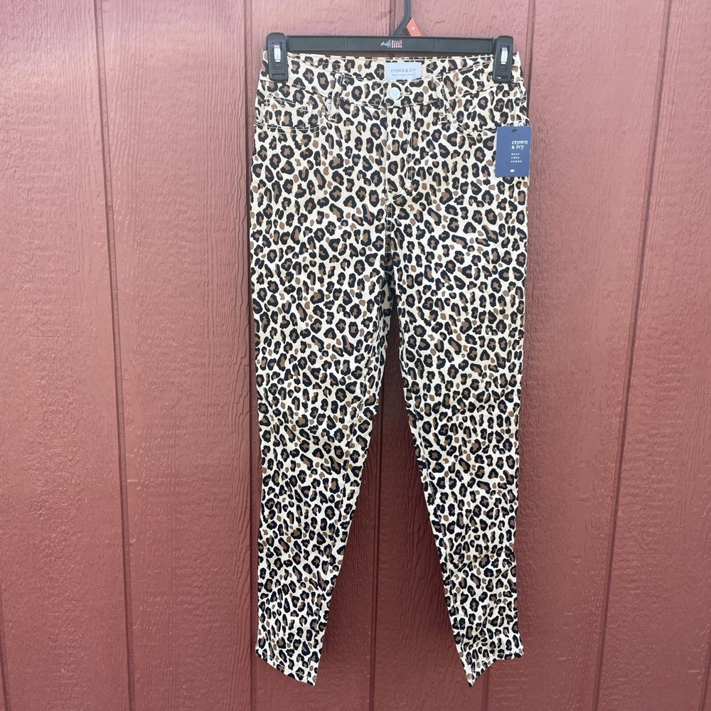 Crown & Ivy Hi-Rise Skinny Stretch Jeans Brown Leopard Print womens Sz 4R NWOT